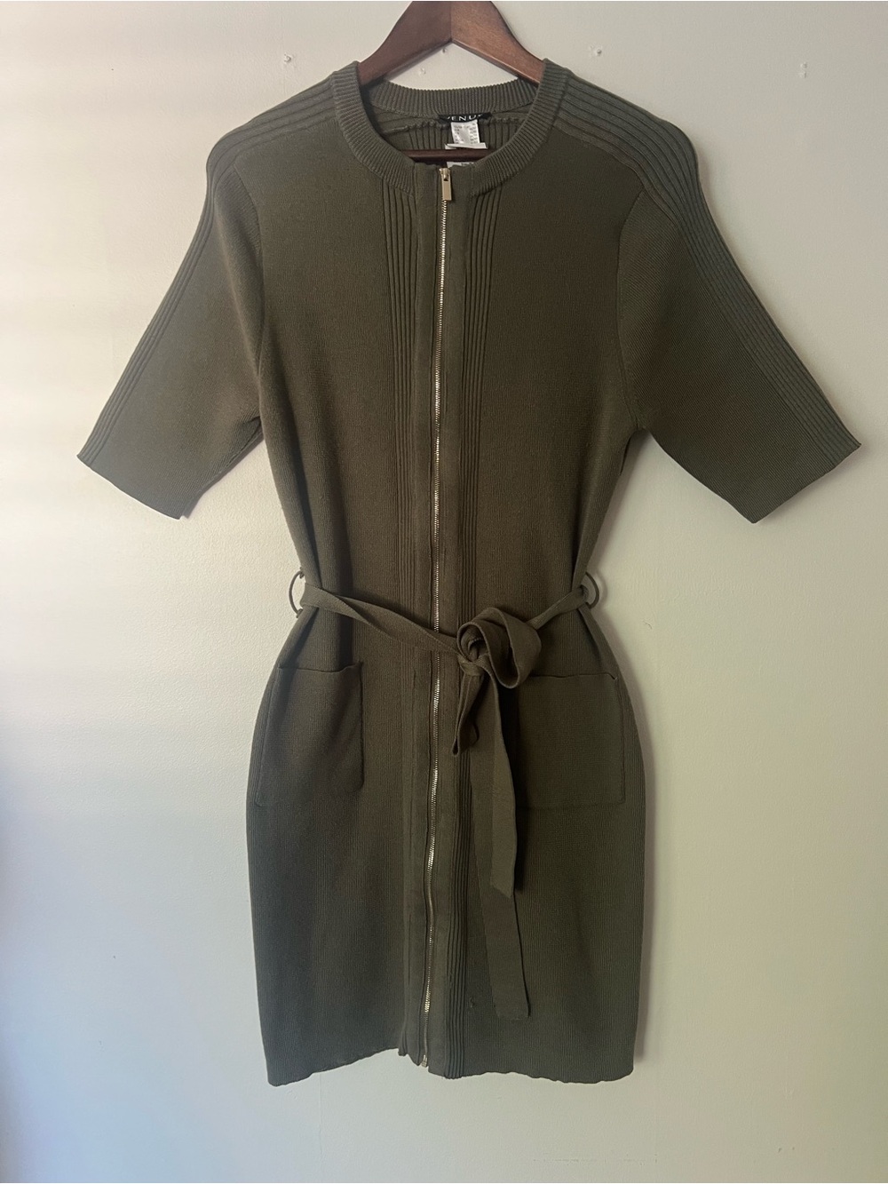 VENUS Olive Zip-Front Sweater Dress with Belt, short sleeves, Size XL
